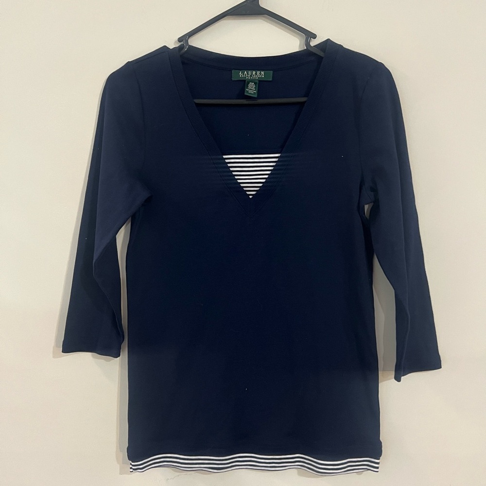 Lauren Ralph Lauren navy blue 3/4 sleeve top shirt v neck petite Medium
